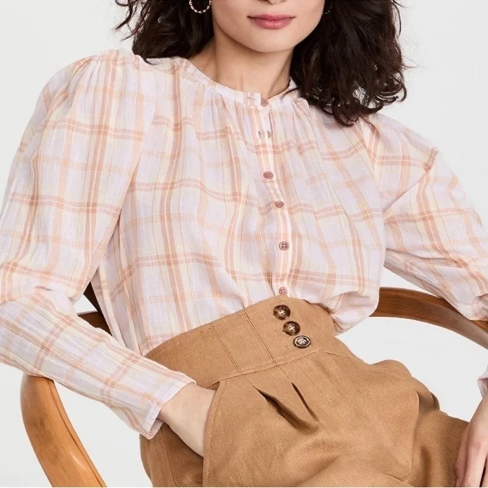 Ulla Johnson Nour Blouse Plaid Lilac Cotton Puff Sleeve Top 6